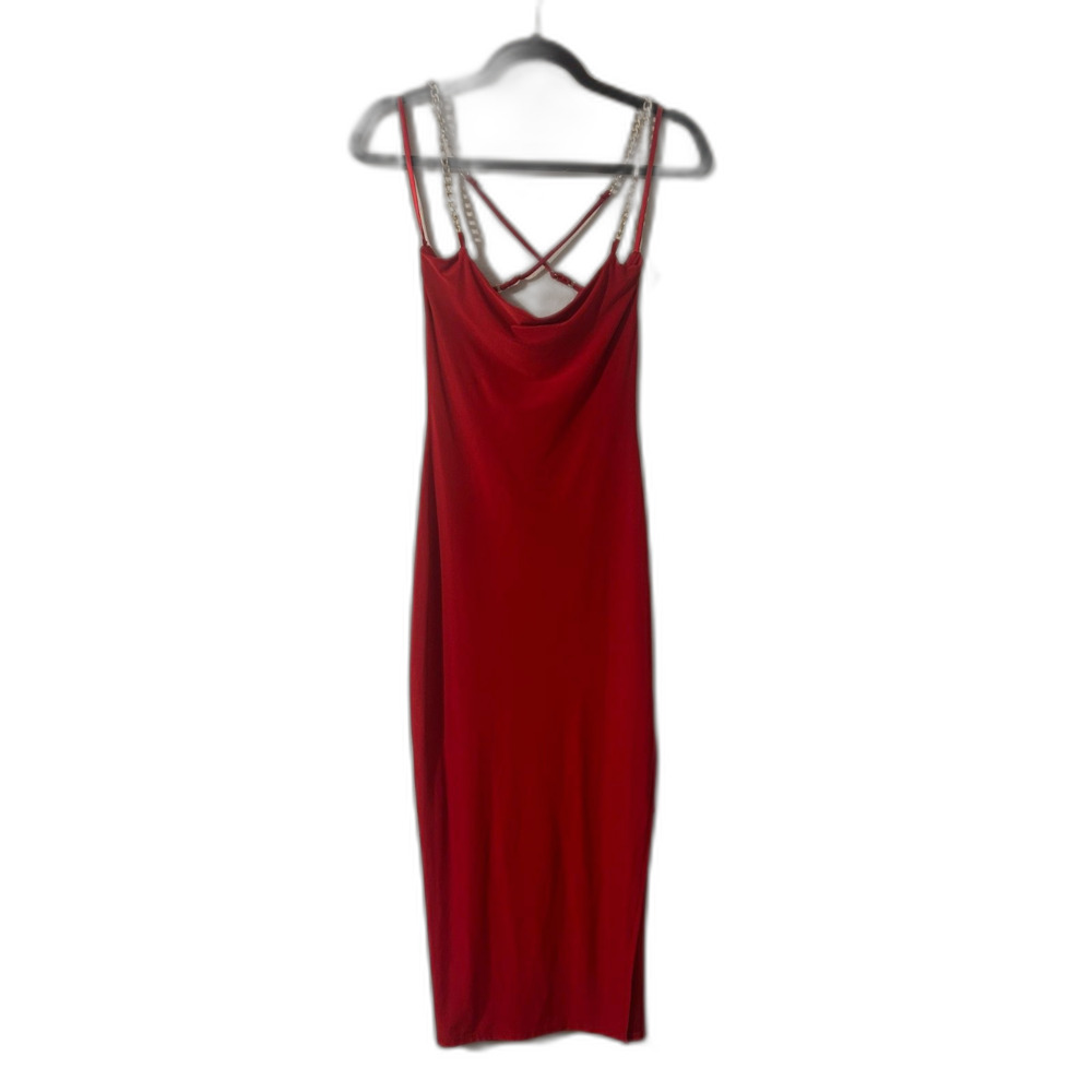 Windsor Red Satin Gold Chain Strap Dress